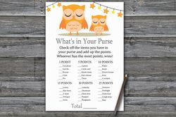 Sleeping Owl What's in your purse game,Owl Baby shower games printable,Fun Baby Shower Activity,Instant Download-366
