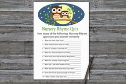 owl nursery rhyme quiz baby shower game card,woodland baby shower games printable,fun baby shower activity-365