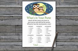 Owl What's in your purse game,Woodland Baby shower games printable,Fun Baby Shower Activity,Instant Download-365