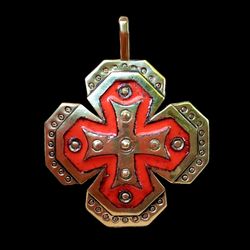 Red brass cross necklace pendant,Vintage Brass Cross,Maltese cross necklace pendant,brass cross with Red emalie
