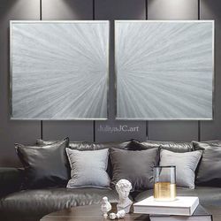 Set of 2 Silver Shiny Abstract Wall Art Glittery Shining Original Paintings Textured art Modern wall decor