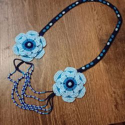 Huichol necklace Long seed bead necklace Beadwork necklace with blue roses Blue flower necklace for women Spectacular be