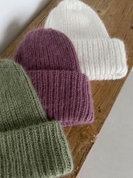 Green ribbed knit hat. Handmade winter fluffy hat.
