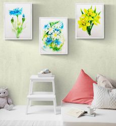 Spring Blue Yellow Florals set 3 Wall Art - digital file that you will download