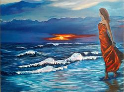 Sea painting painting girl on the sea art 23*31 inch sunset on the sea painting