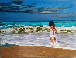 Girl on the sea painting Marine painting 27*35 inch Sea waves art