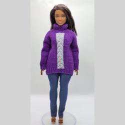 Purple sweater with braid pattern for Barbie doll. Clothes for Barbie doll.
