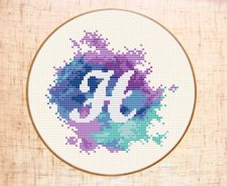 Watercolor letter H cross stitch pattern Modern cross stitch Monogram embroidery PDF