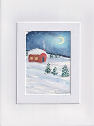 Red house painting Winter landscape Night moon painting Original watercolor painting