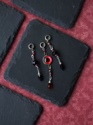 Set of 3 loc beads, black and red dread beads with eye and glass drops