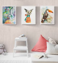 Colorful Animal Nursery set 3 Wall Art - digital file that you will download