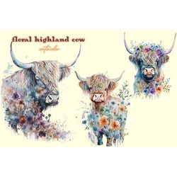 Floral Highland Cow Watercolor