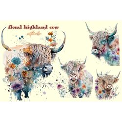 Floral Highland Cow Watercolor