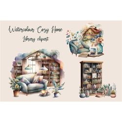 Watercolour Cozy Home Library Clipart