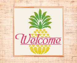 Welcome cross stitch pattern Modern cross stitch Pineapple sign cross stitch Housewarming DIY Aloha cross stitch Summer