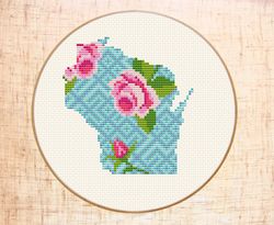 Wisconsin cross stitch pattern Modern cross stitch Flower map embroidery Floral State cross stitch Instant download