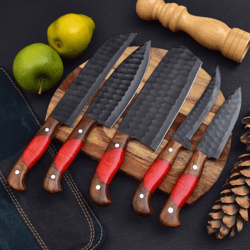 5 Pcs Handmade Black Powder Coated Kitchen Knife Chef's Set with leather sheath