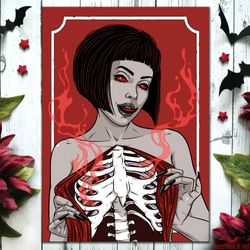 Gothic horror art print with Skeleton girl. Spooky fantasy poster. Gothic home decor. Dark art wall decor.