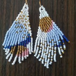 Beaded sunset earrings Boho earrings with sun Seed bead long fringe earrings Solar huichol earrings Native American