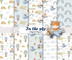 Watercolor Airplane, seamless patterns, woodland animals.