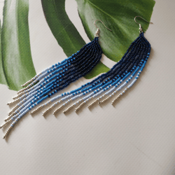 Extra long blue gradient earrings Seed bead earrings Boho ombre blue gold beaded earrings Fringe blue gold beaded earrin