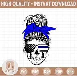 Police wife Svg Png designs downloads, skull policewife png, girl with messy hair bun with Headband Sunglasses graphics