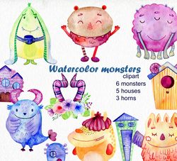 Watercolor monster, clipart png.
