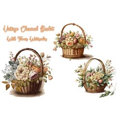 Vintage Classical Basket With Flower Watercolor