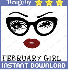 February Girl SVG, Woman With Glasses Svg Printable, Girl With Bandana Design, Blink Eyes , February Svg,  Sublimation