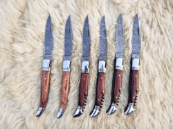 Lot of 6 Beautiful Custom Handmade Damascus Steel Folding Knives w/stag handle