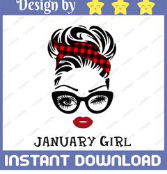 January Girl SVG, Woman With Glasses Svg Printable, Girl With Buffalo Plaid Bandana Design