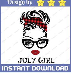 July Girl SVG, Woman With Glasses Svg Printable, Girl With Buffalo Plaid Bandana Design, Blink Eyes Png, July Svg