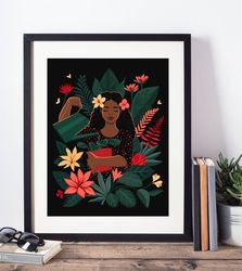 Cute black girl watering plant, tropical leaves and flowers printable poster, melanin art, african american art, digital