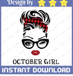 October Girl SVG, Woman With Glasses Svg Printable, Girl With Buffalo Plaid Bandana Design, Blink Eyes Png, October Svg