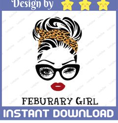 February Girl SVG, Woman With Glasses Svg, Girl With Leopard Plaid Bandana Design, February Svg, Png Sublimation
