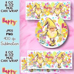 11 oz 15 oz Mug Can Wrap Happy Gnomes Sublimation, Birthday Baby Shower Wedding Holiday Watercolour Pattern