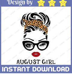 August Girl SVG, Woman With Glasses Svg, Girl With Leopard Plaid Bandana Design, August Svg, Png