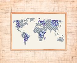World map cross stitch pattern Geometric cross stitch Planet embroidery Floral cross stitch Travel xstitch Map PDF