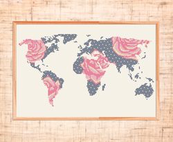 World map cross stitch pattern Modern cross stitch Floral embroidery Atlas cross stitch Map PDF