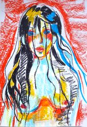 Portrait of a girl. women, long black hair, blue eyes, bright background, print, illustration
