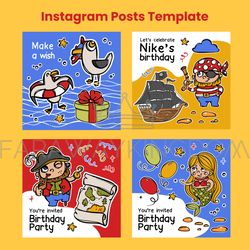 BIRTHDAY PIRATE POST TEMPLATE Design Cards Social Media Set