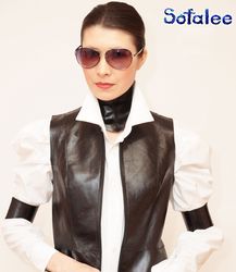 Classic ladie's Vest Sleeveless of genuine black lamb leather, stylish zipper vest by Sofalee, SM