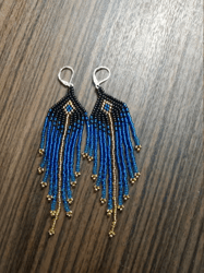 Small blue and gold boho beaded ombre earrings for women Little boho earrings Beaded Earrings Huichol Geometric Earrings