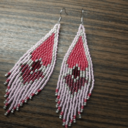 Long seed bead fringed boho earrings with heart Contemporary Tribal Earrings Pink beaded earrings with a red heart