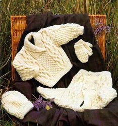 Baby Child Aran Double-Breasted Jacket Sweater Hat Mittens Set Vintage Knitting Pattern ShawlCollar Instant Download PDF