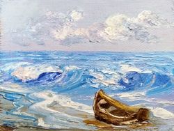Marine Oil Painting Seascape Boat near the Shore Picture 5*7 inch Sea Art