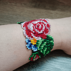 wide floral beaded bracelet beaded bracelet with a rose for a woman elegant seed beaded bracelet