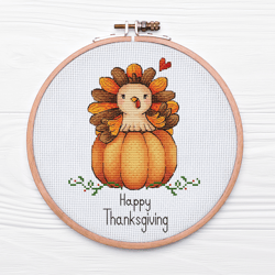 Thanksgiving Cross Stitch Pattern, Turkey Cross Stitch, Modern Embroidery, Gobble Til You Wobble, Pumpkin Pattern, Autum