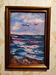 Sea Seagulls Waves Sunset Original Art Oil Painting Framed Artist Svinar Oksana