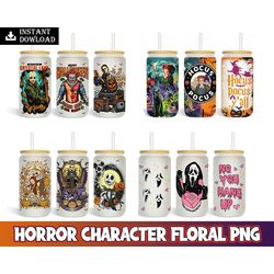 Horror characters floral PNG designs, 16oz Libbey glass can tumbler, Sublimation Designs for wraping Digital Instant Dow